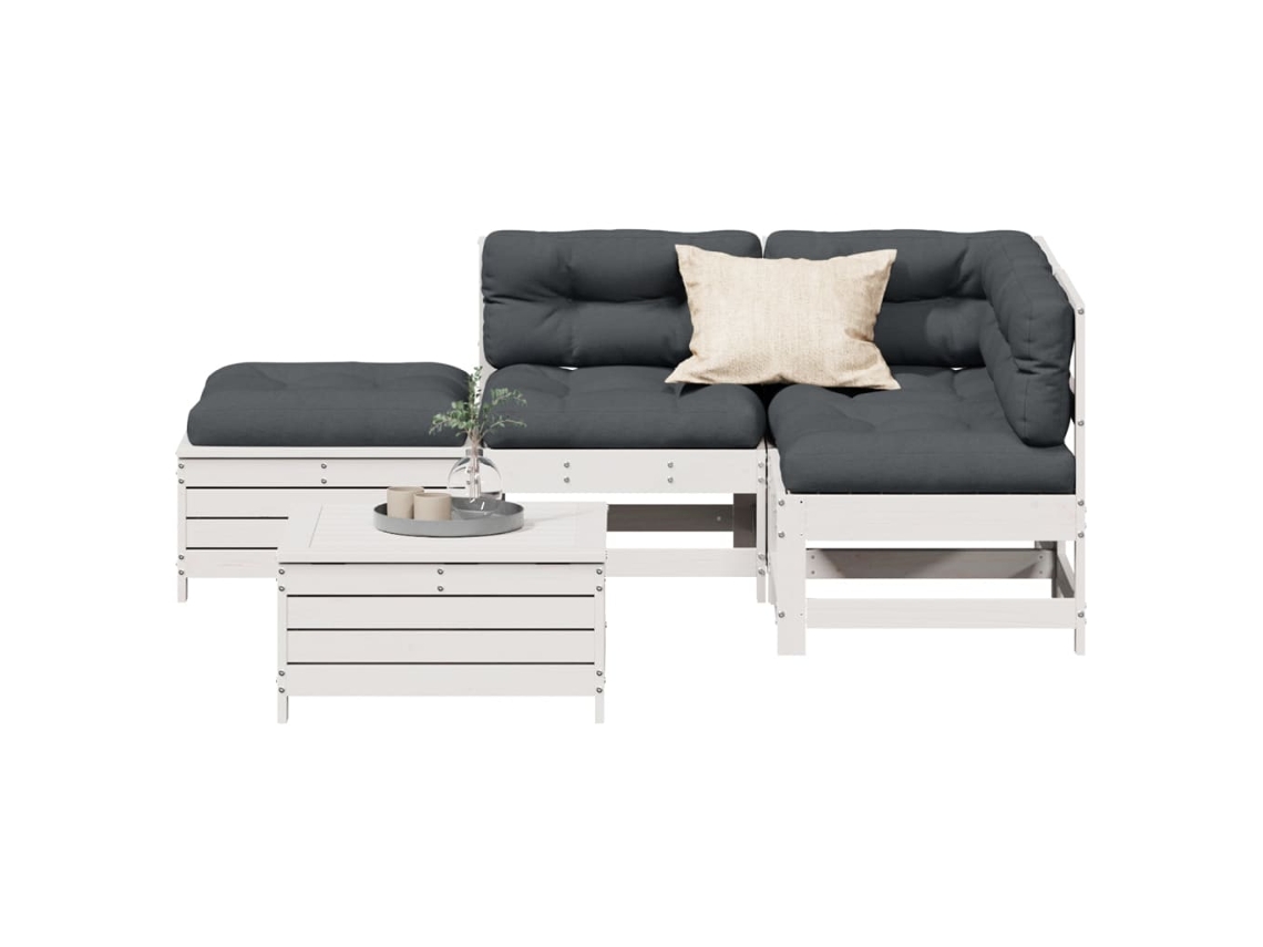 Vidaxl 5 Pcs Conj. Lounge De Jardim C/ Almofadões Pinho Maciço Branco