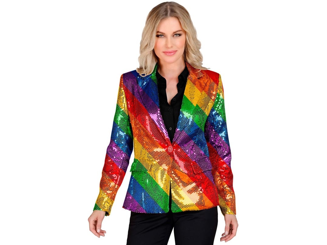 Fantasia ou jaqueta de festa com listras multicoloridas com lantejoulas para mulher