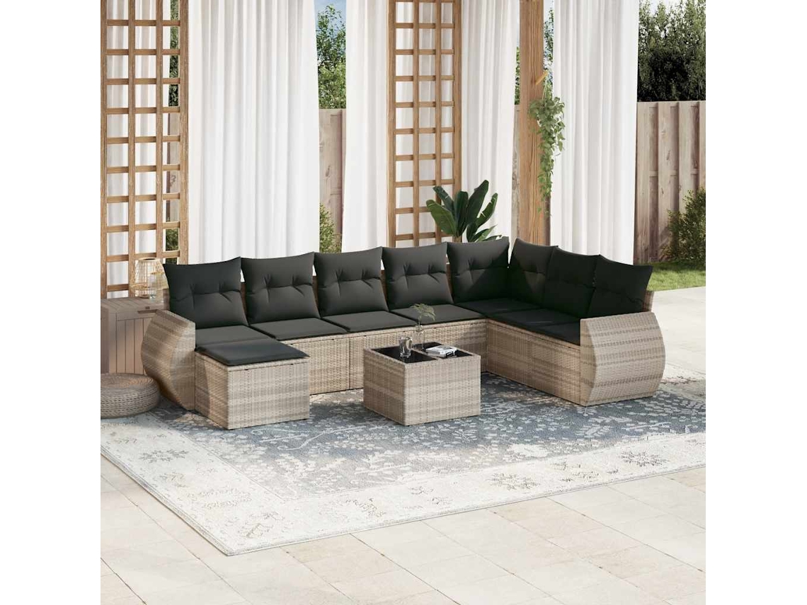 Vidaxl 9 Pcs Conj. Sofás Jardim Com Almofadões Vime Pe Cinzento-claro