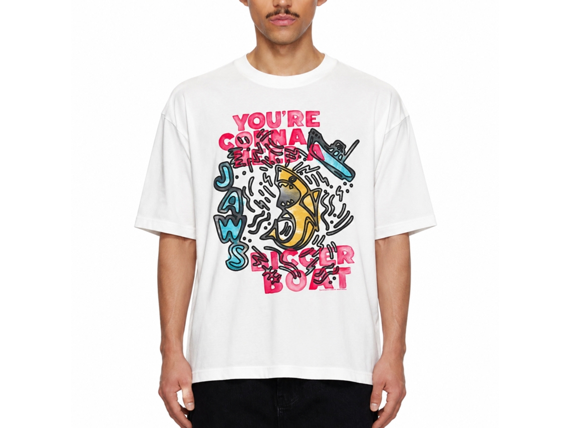 Rockinstone Jaws Movie Sketch Boat White Adult T-shirt Size:l