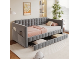 Cama Estofada Sofá cama 90x190cm, Quadriculado, Armazenamento Lateral, 2 Gavetas, Convidados/individual, Veludo Cinza Ge