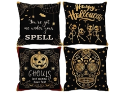 2026-funda De Almofada De Halloween 4 Pack Estilo Negro Con Frase Feliz Halloween 45x45cm (estrellas Doradas)