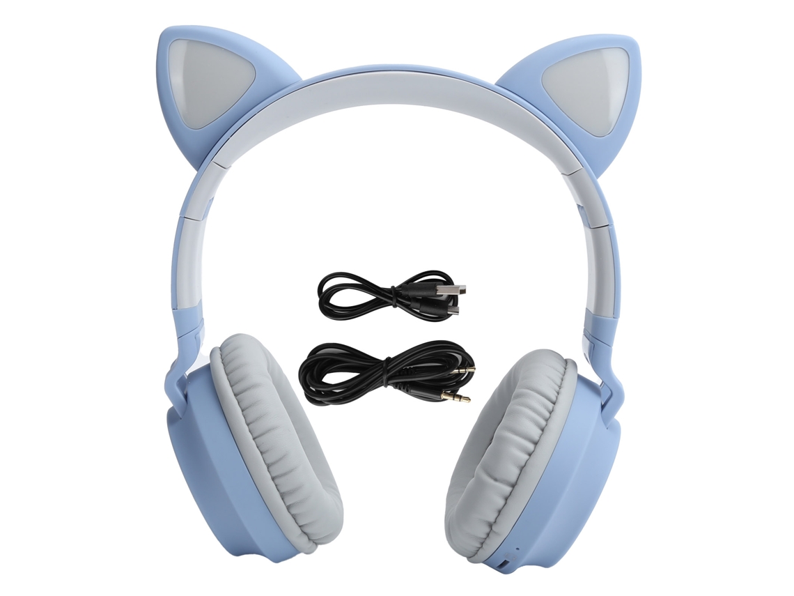 Fone De Ouvido Cat Ear Com Luz Led 3d Bluetooth 5.0 Plegável Com Microfone Cinza Azul