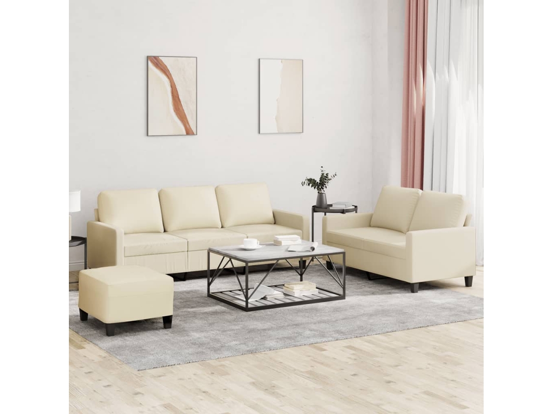 Vidaxl 3 Pcs Conjunto Sofás C/ Almofadões Couro Artificial Cor Creme