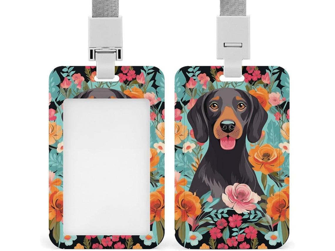 Porta-cartões Floral Crachá Puppy, Protetor Vertical Crachá com Cordão, Camada Plástica Impermeável, Porta-cartões