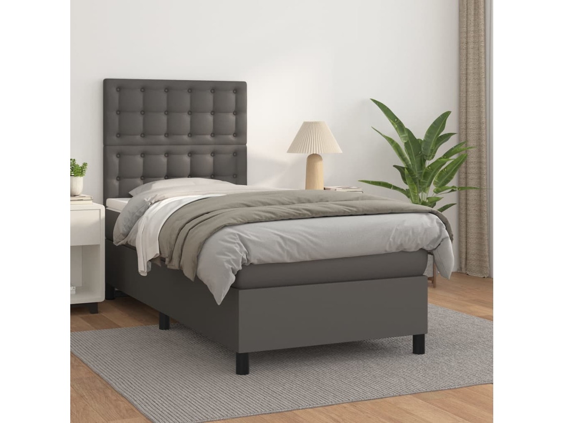 Vidaxl Cama Com Molas/colchão 90x200 Cm Couro Artificial Cinzento