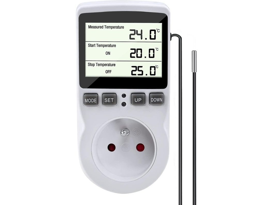 Controlador de temperatura digital, tomada programável com sonda, termostato inteligente para aquecimento e resfriamento.