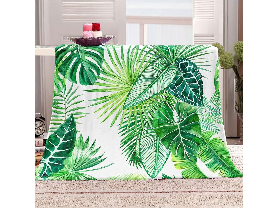 Manta com Estampa de Folhas Verdes em Microfibra 180x200cm
