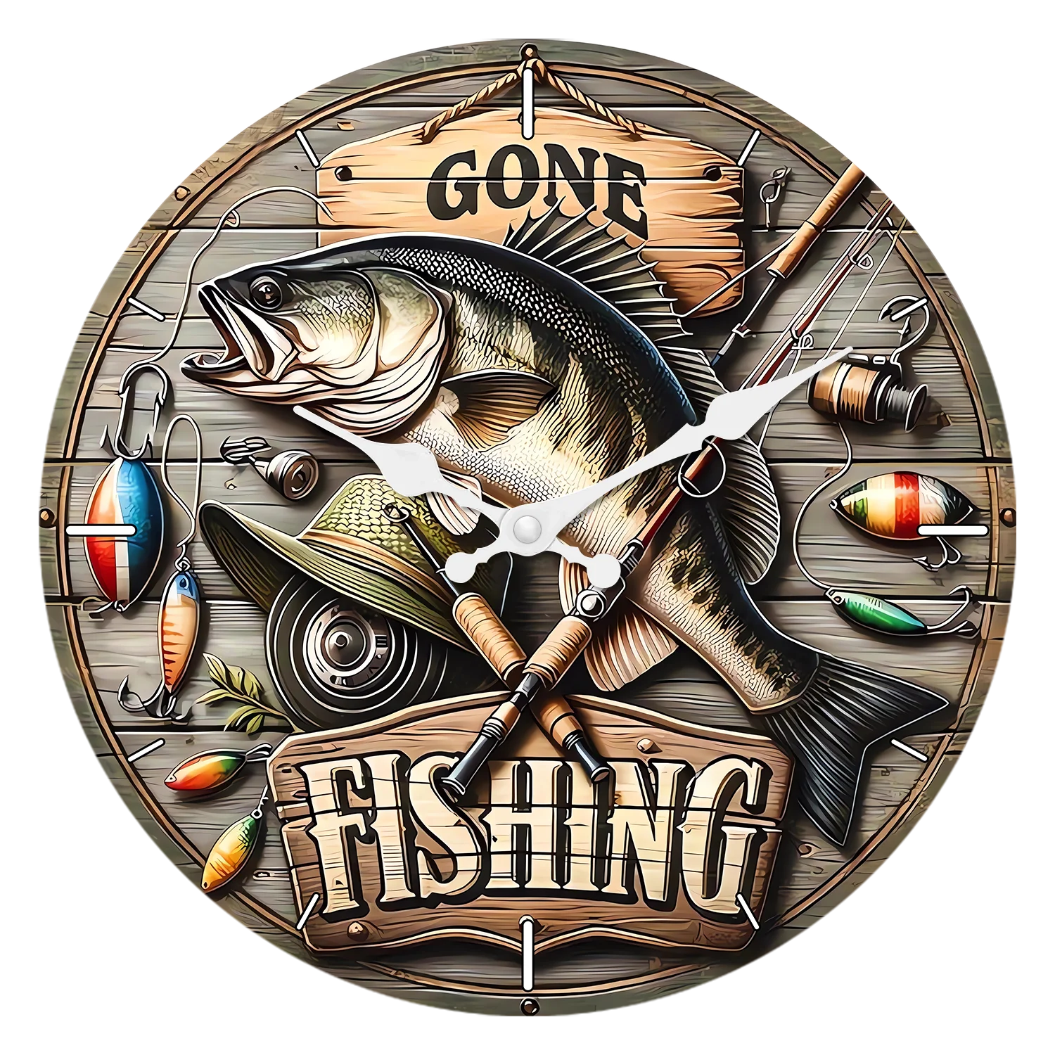Relógio De Parede De Madeira Personalizado Com Padrão De Equipamento De Pesca (14 Polegadas), Relógio De Quartzo Silencioso.