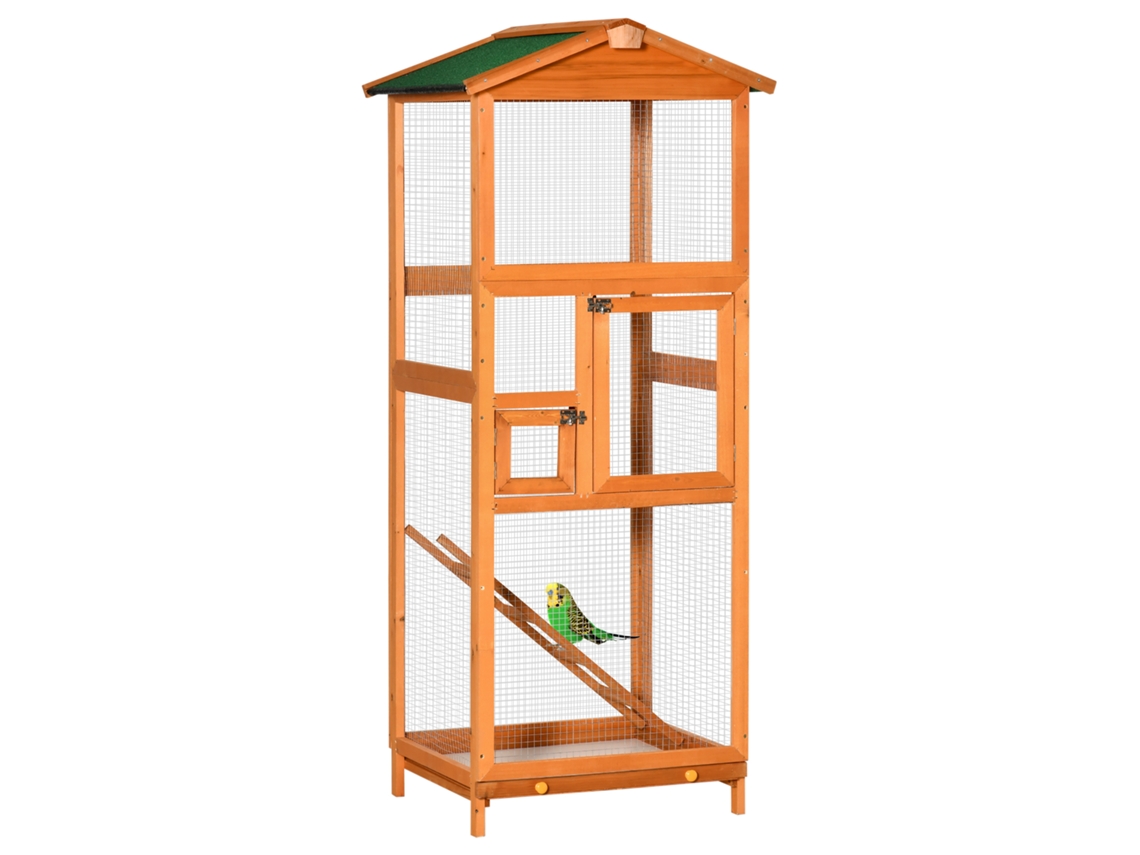 Gaiola Para Pássaros Grande 68x63x165cm De Madeira De Abeto Com 2 Portas Bandeja Amovível E Teto Asfáltico