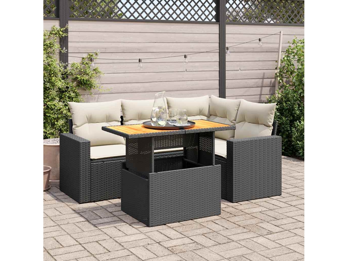 Vidaxl 5 Pcs Conjunto Sofás De Jardim Com Almofadões Vime Pe Preto