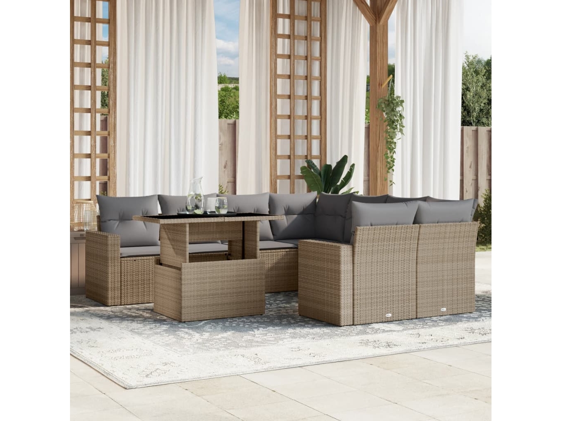 Vidaxl 9 Pcs Conjunto De Sofás P/ Jardim Com Almofadões Vime Pe Bege