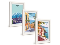 Conjunto De Quadros Com Moldura Vistas Coloridas De Cidades Retrô Moldura Branca Fotos Para O Escritório Espelharte (3 Peças 20x30 Cm)