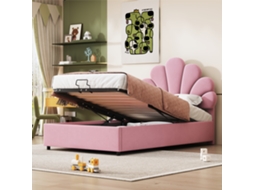 Cama Infantil Estofada De 90x200 Cm Com Cabeceira Floral, Estrado De Ripas, Compartimento De Arrumação Hidráulico, Veludo Rosa.