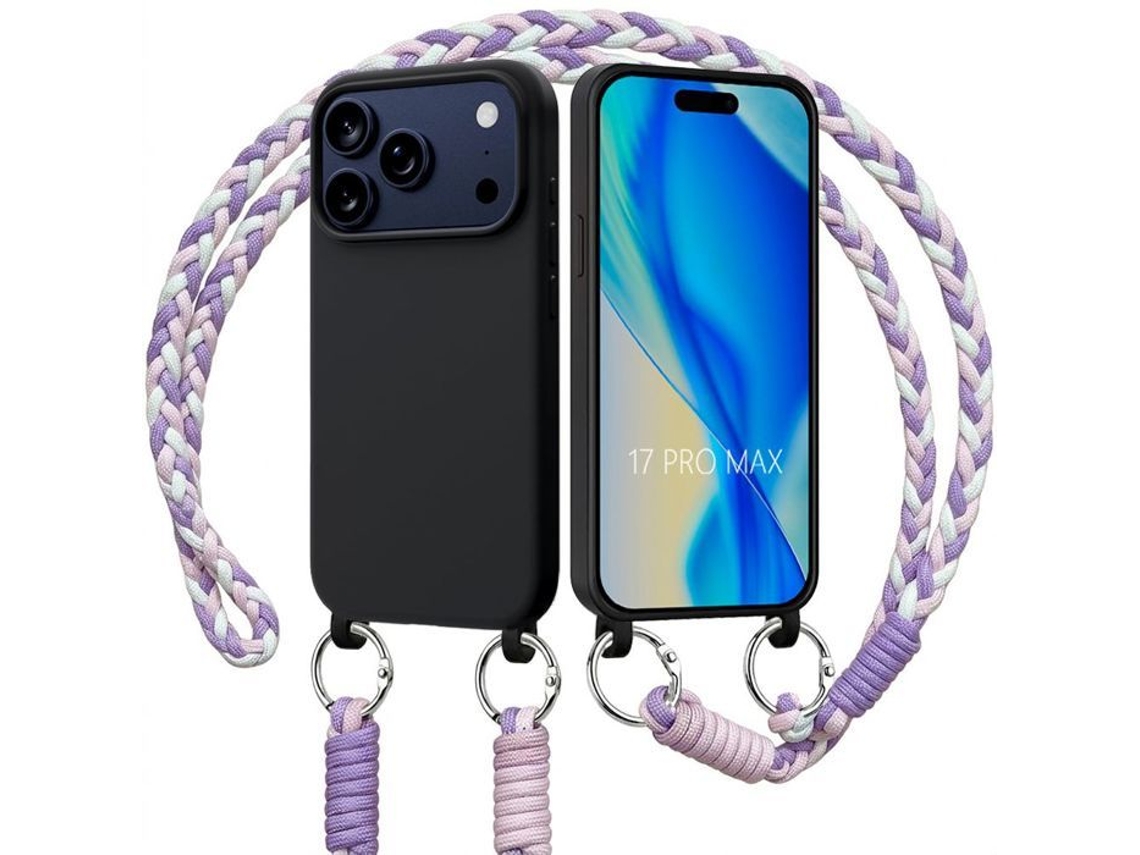 Capa Para Iphone 17 Pro Max, Proteção Em Silicone Macio Preto Com Alça Branca E Roxa.