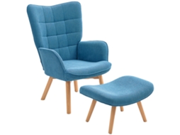 Poltrona com acento e banqueta BTFORUS, relax em veludo, com braços e pés de madeira, azul