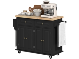 Ilha De Cozinha Com Rodas 2 Gavetas 4 Portas Suporte Para Temperos E Barra Lateral 111x44,5x82,5 Cm Preto E Madeira