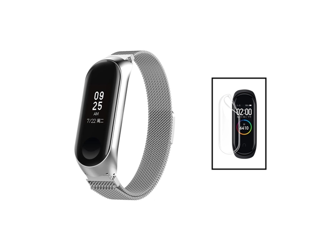 Kit Bracelete Milanese Loop Fecho Magnético + Película de Gel Full Cover para Xiaomi Mi Band 7 Cinza / Transparente