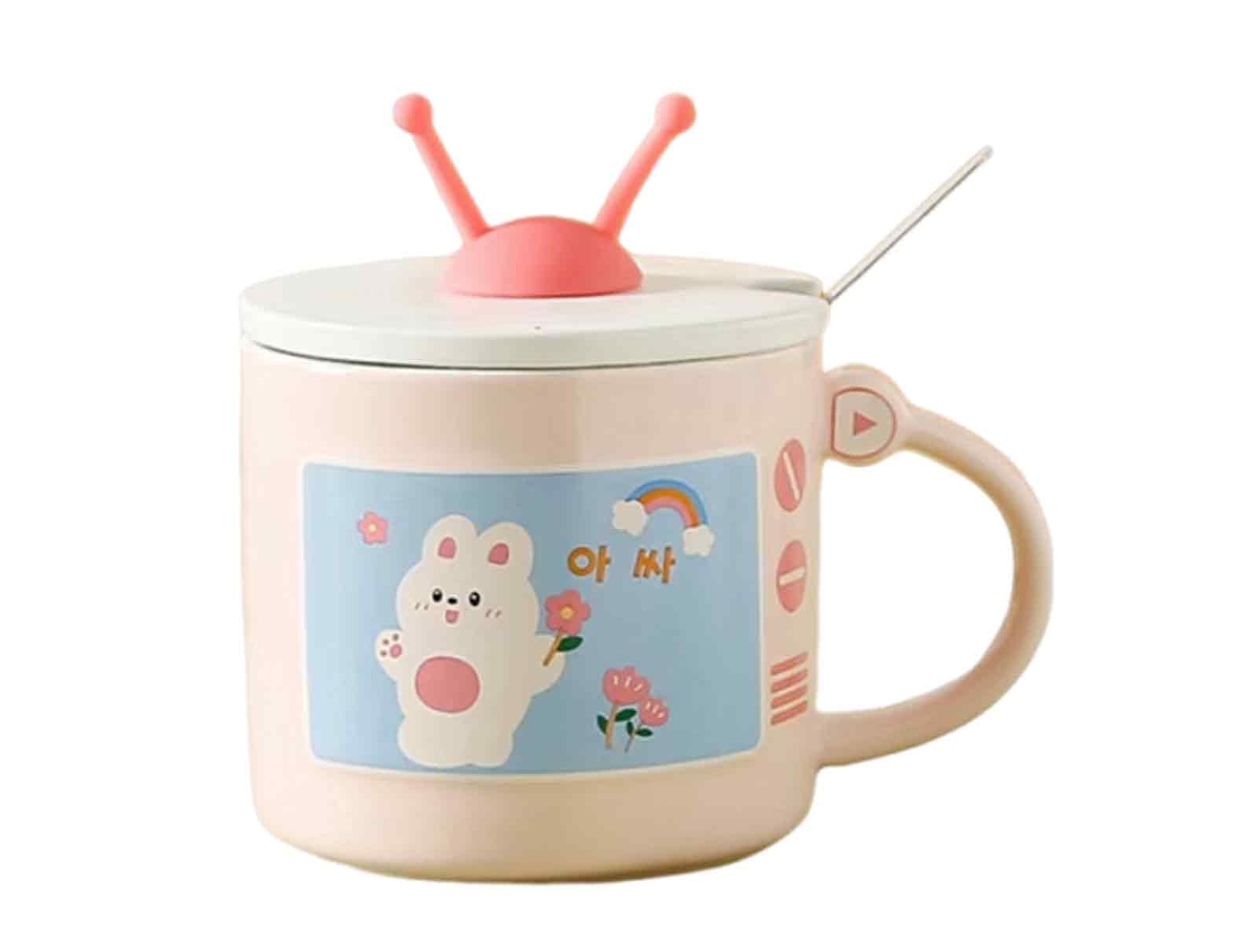 Caneca em Forma de Tv 350Ml com Tampa e Colher Caneca Criativa em Cerâmica NEVEANCE