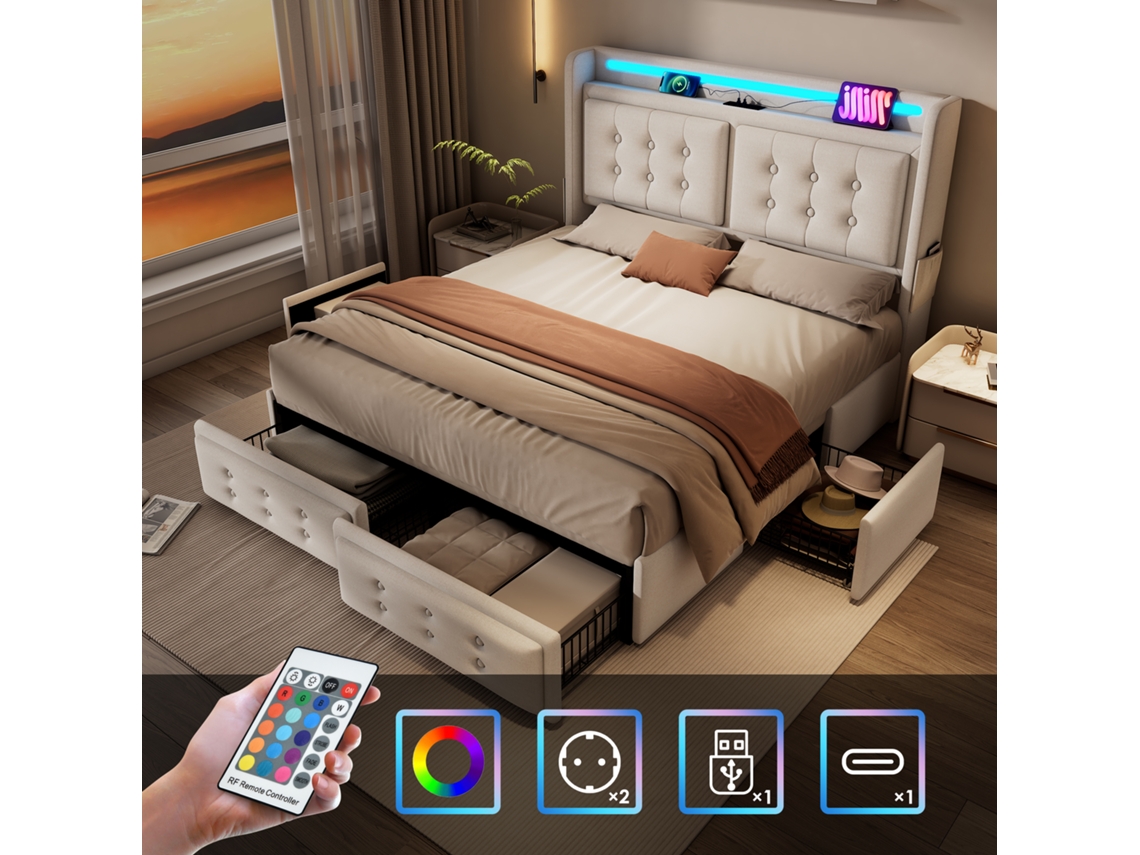 Polsterbett 180x200 Bege Com Led Usb C 4 Gavetas 300kg Sem Colchão