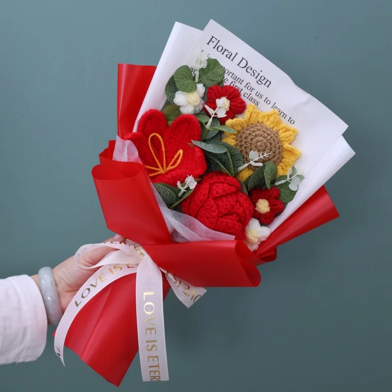 (1 Peça Vermelha) Buquê Artificial De Crochê Feito À Mão - Presente Para O Dia Dos Namorados