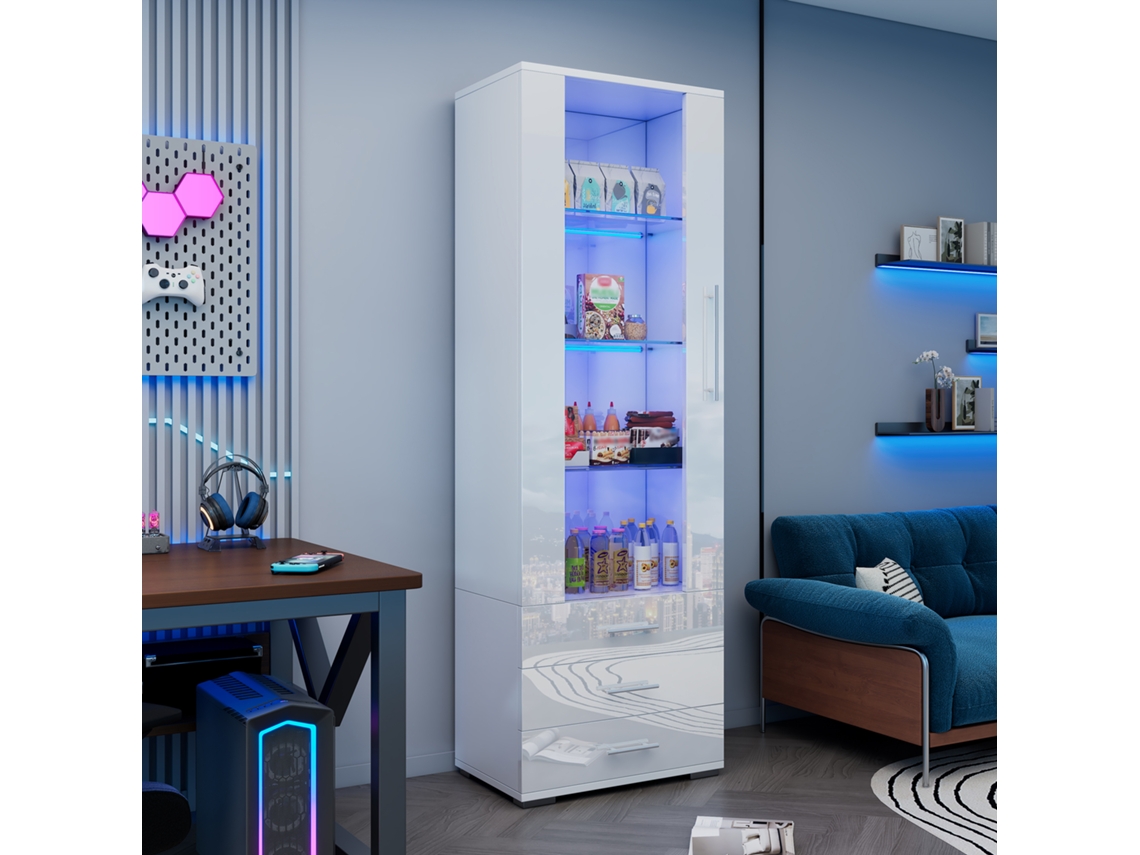 Vitrine com iluminação LED, 3 gavetas e prateleiras, 60x35x180cm, estilo MDF branco