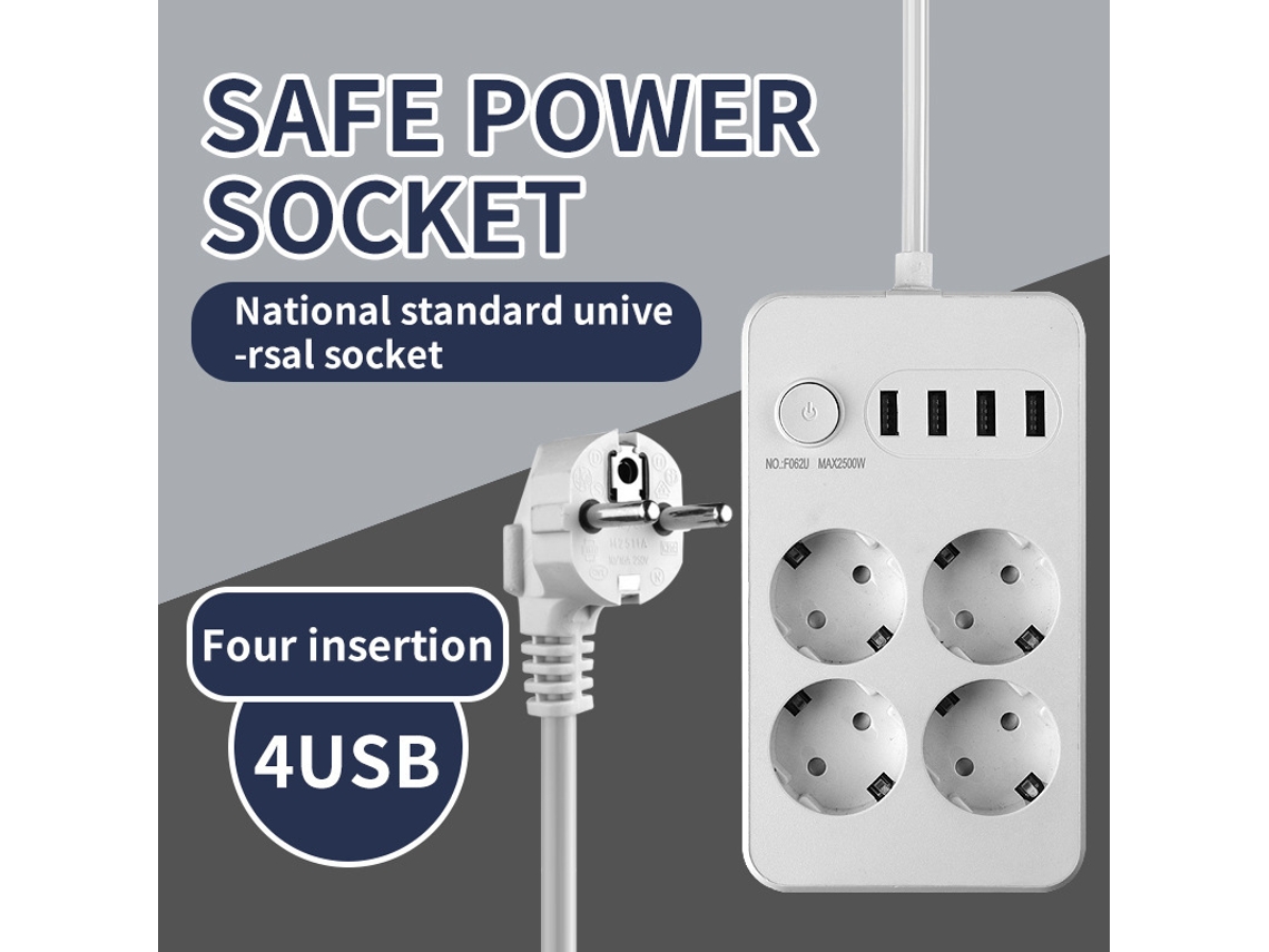 Régua De 4 Tomadas Interface Usb, Fio De Extensão De 2 Metros Com Interruptor Cuich