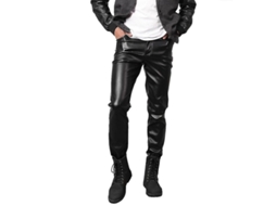 Calça masculina Rebe em couro sintético elástico com bolsos laterais e traseiro de alta qualidade, cinto slim, tamanho 32 (EU), preta.