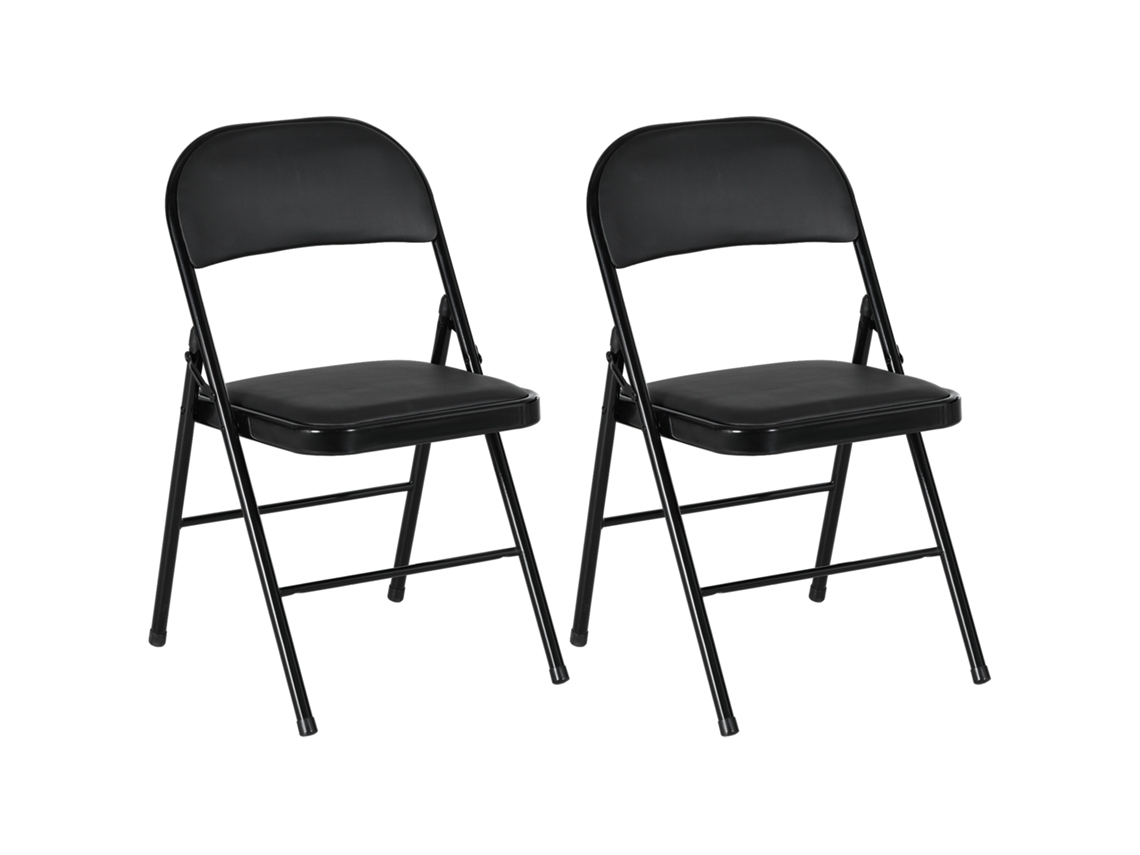 Conjunto de 2 cadeiras dobráveis de metal com couro sintético, escritório, recepção, sala de espera preto | S/MARCA