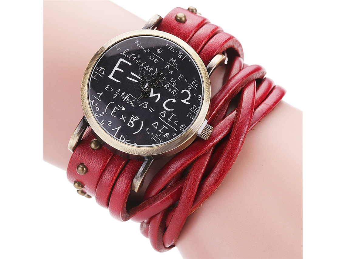 Relógio de pulso personalizado redondo em couro, estilo retrô, bronze, quartzo vermelho.