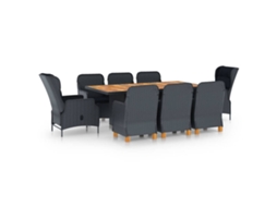 Vidaxl 9 Pcs Conj. Jantar Exterior C/ Almofadões Vime Pe Cinza-escuro