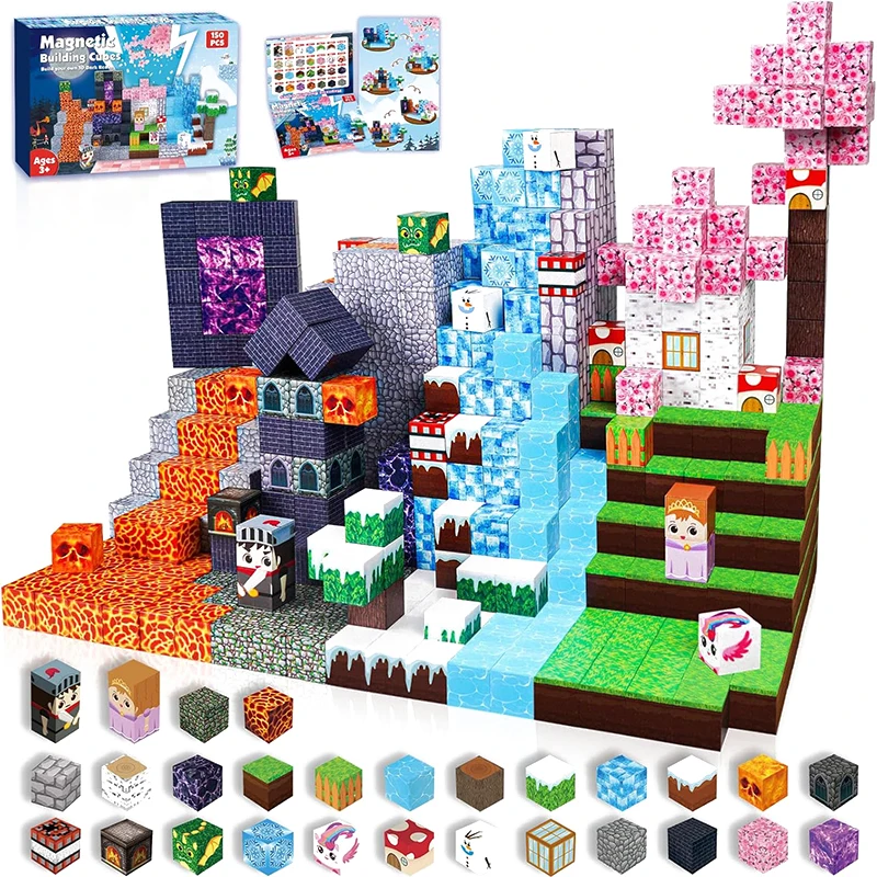 Conjunto de Blocos de Construção Magnéticos , Blocos para Montar Personagens de Minecraft, Brinquedo Educativo Stem MDUG (150 Peças)