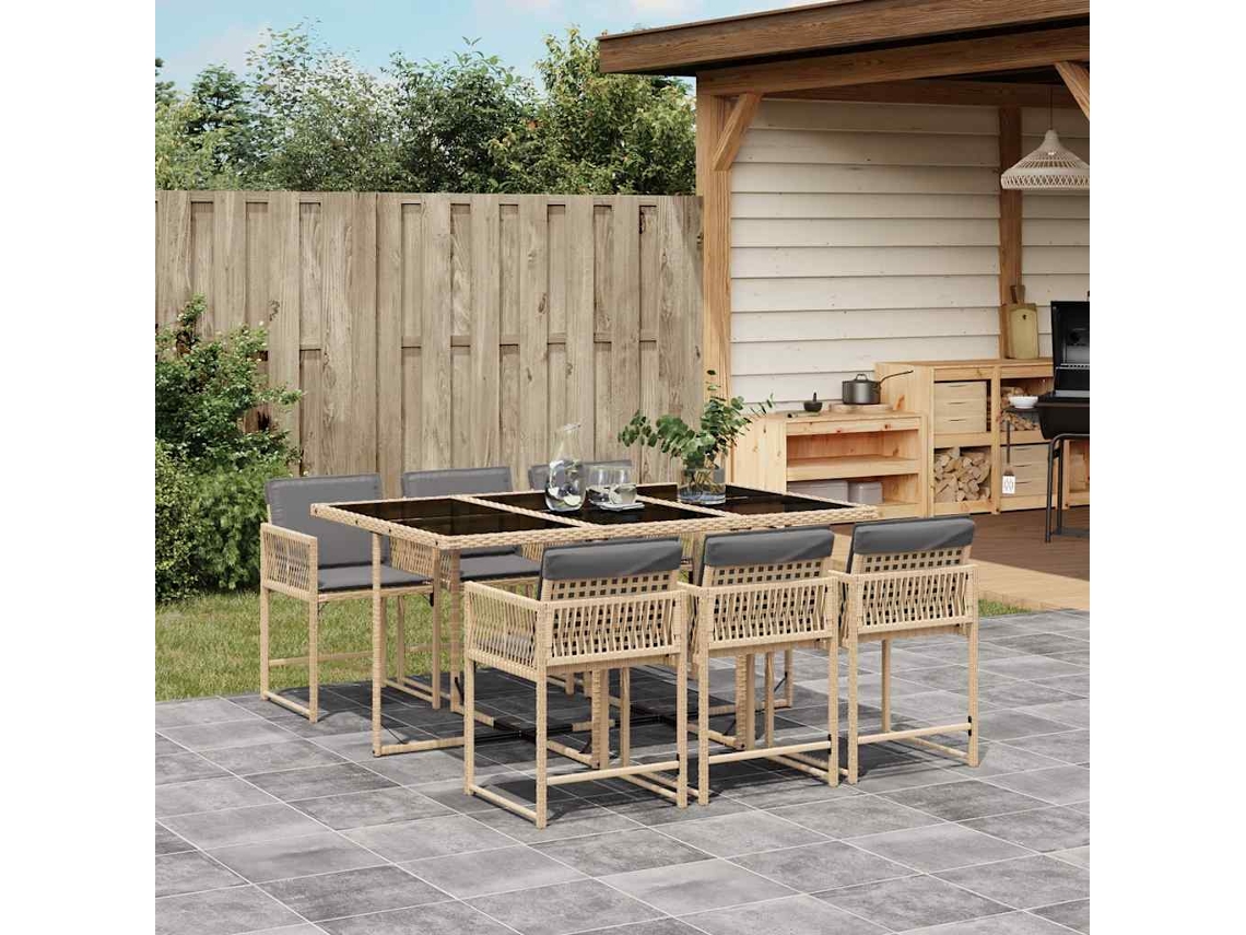 Vidaxl 7 Pcs Conj. Jantar Jardim C/ Almofadões Vime Pe Bege Misturado