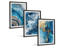 Composição De Quadros Padrões Abstratos Azuis Moldura Preta Pinturas De Quarto Espelharte (3 Piezas De 40x60 Cm)