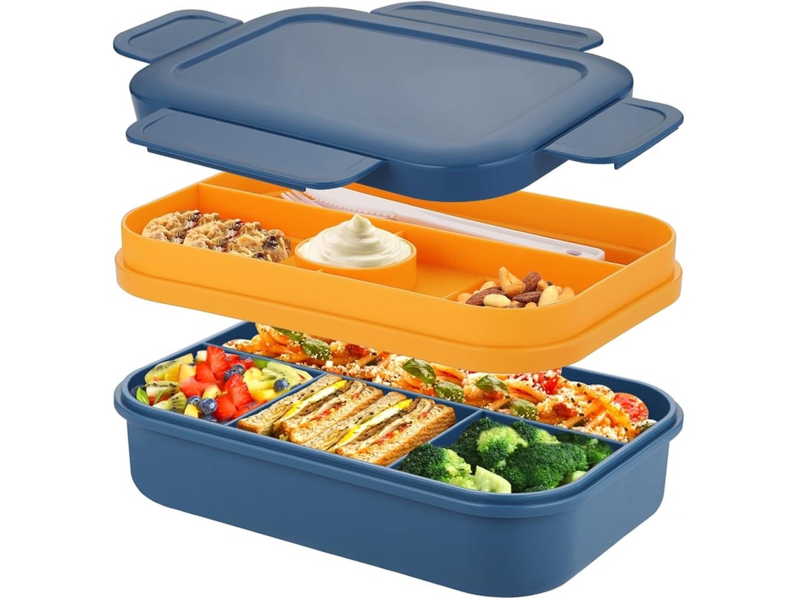 Caixa De Almoço Grande 2000ml Com 8 Compartimentos, Empilhável, Inclui Talheres (azul)