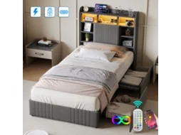 Cama Estofada 90x200 Cm, Cama De Solteiro, Com Luz Led E Usb, App-control Led, Com 2 Gavetas, Tecido De Linho - Cinza