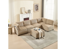 Sofá Modular 6 Lugares, Veludo, Ergonômico, Bolsos, Configurável Em U/l/cama, Estrutura Madeira/metal, Cáqui