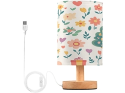 Abajur De Cabeceira Led Com Flores E Árvores Para Quarto, Luminária De Leitura Com Cúpula Tecido, Base De Madeira E