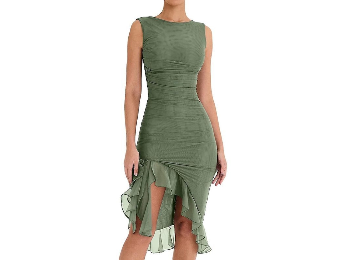 VESTIDO midi Fasst bodycon, sem mangas, com volantes de malha, cauda de sereia, festa de cocktail