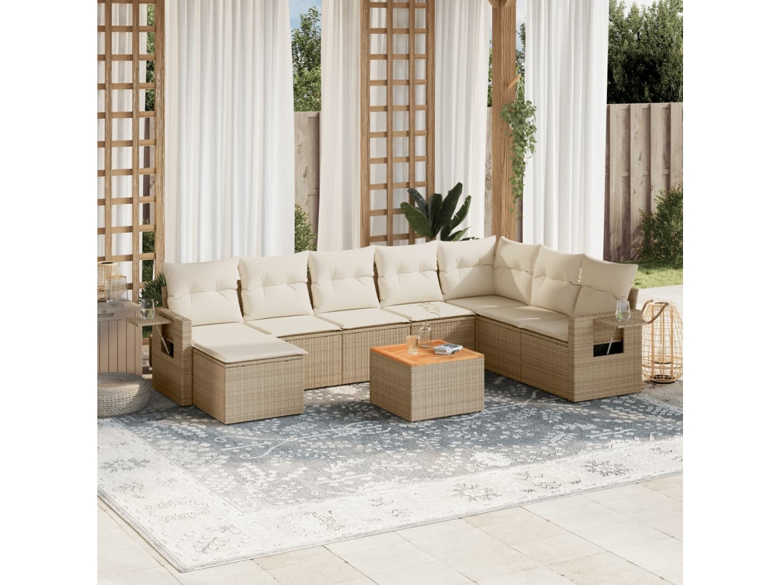 Vidaxl 9 Pcs Conjunto De Sofás P/ Jardim Com Almofadões Vime Pe Bege