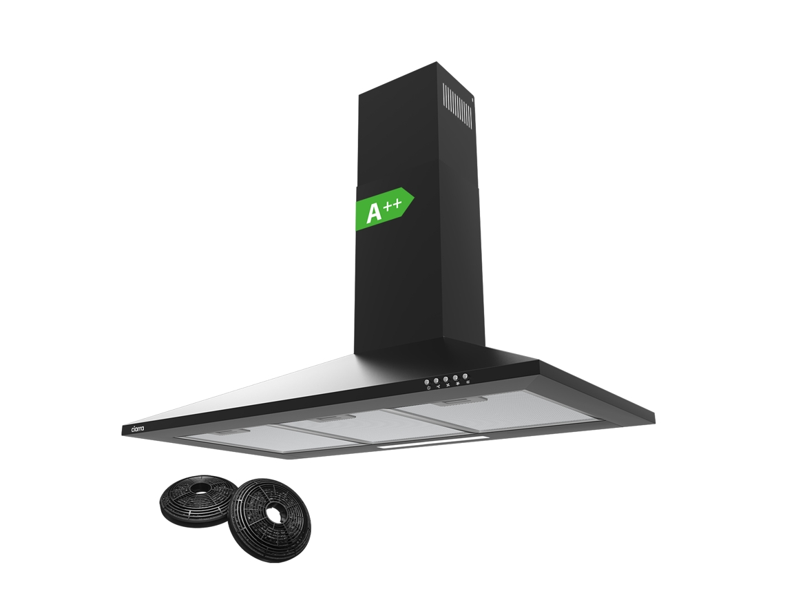 Exaustor Ciarra De Parede A++ 90cm 370m³/h Recirculação Com Filtros De Carvão (2 Peças) E Exaustão Externa 3 Modo Preto 201bk90