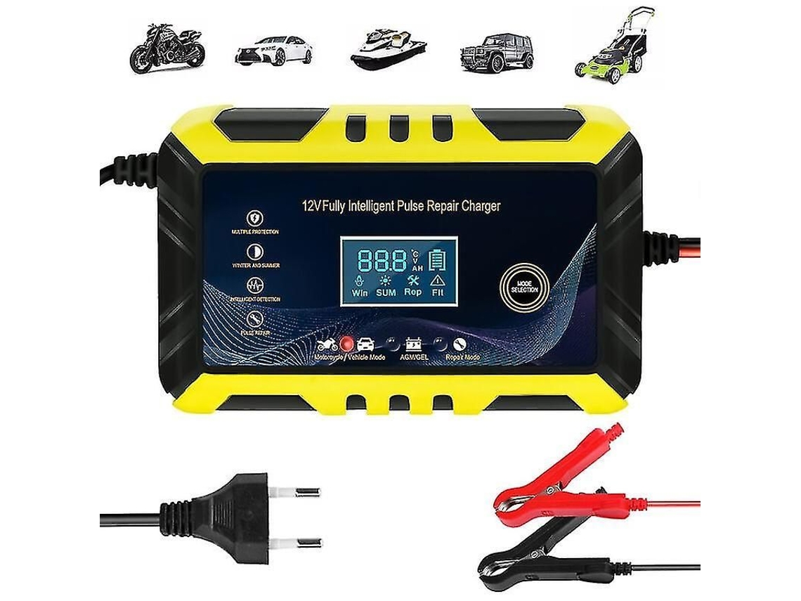Carregador de bateria inteligente 12V 6A com ecrã LCD, preto/amarelo