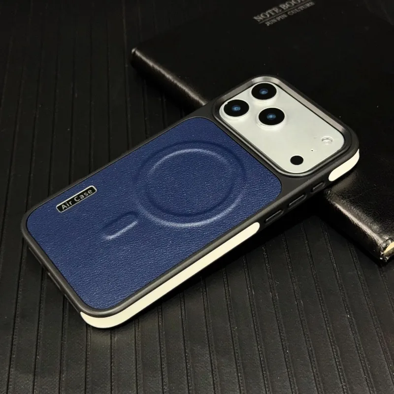 Capa De Couro Para Celular (iphone 17 Pro Max Azul), Compatível Com Carregamento Sem Fio, Acabamento Fosco À Prova De Choque.
