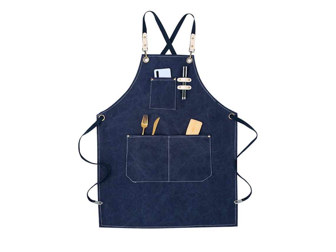 Avental de lona de algodão, à prova d'água, com bolsos e cintos cruzados, azul marinho S/MARCA