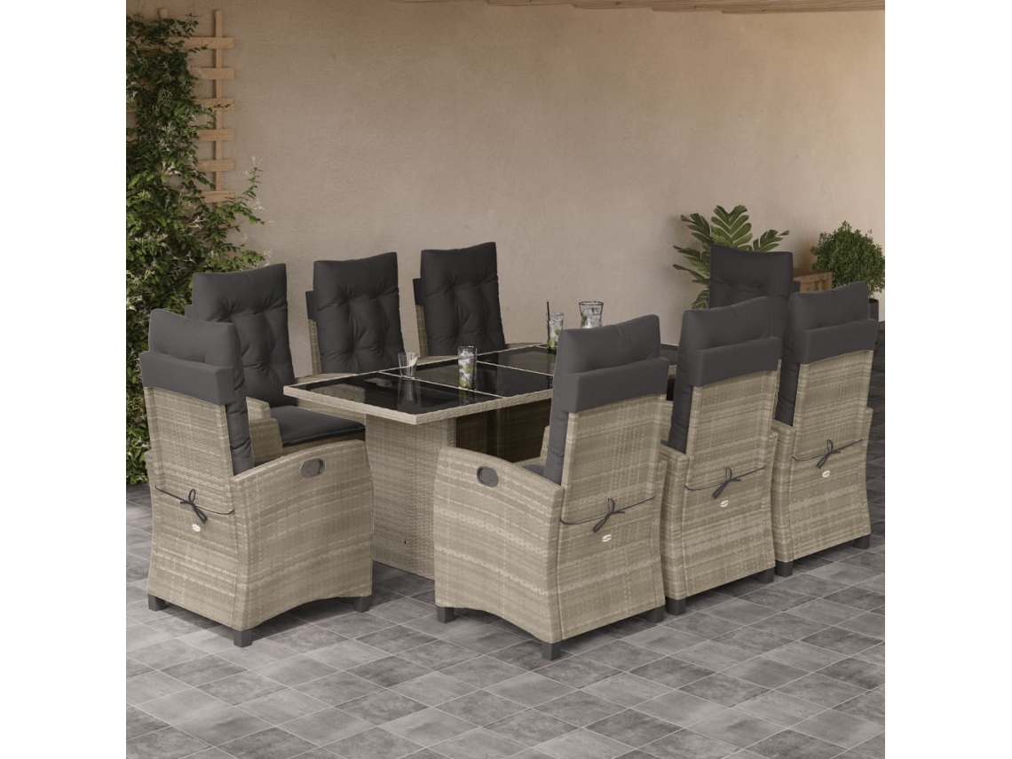 9 Pcs Conjunto De Jantar P/ Jardim C/ Almofadões Cinza Claro Dkd Home Decor