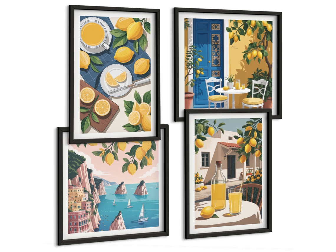 Composição De Quadros Flores Em Um Vaso, Mar, Limões Moldura Preta Imagens Para Um Quarto Infantil Espelharte (conjunto De 4 Imagens)