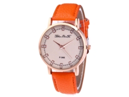 Relógio de Pulso Analógico de Quartzo com Pulseira de Couro Moda Unissex Dial Redondo Laranja