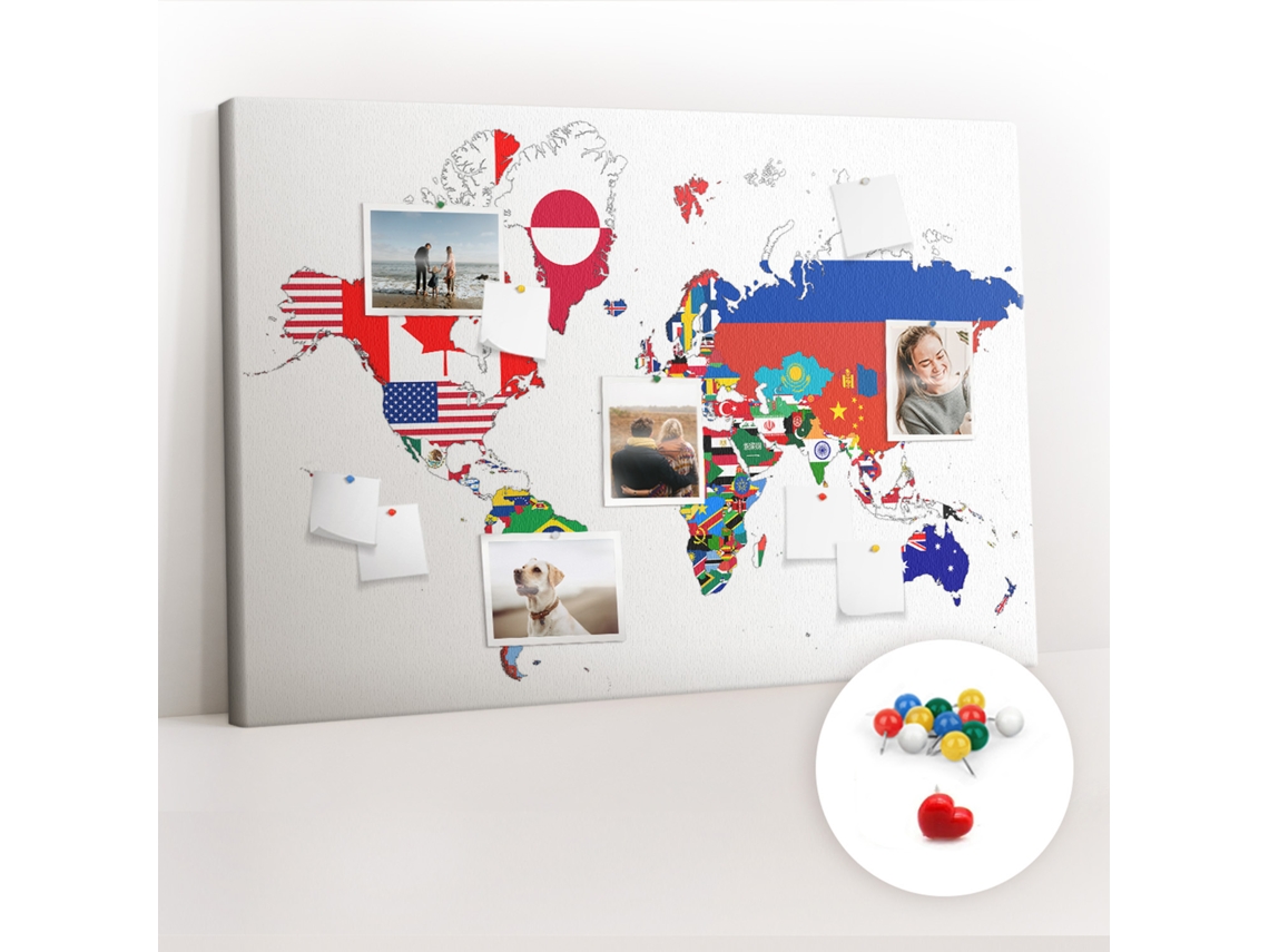 Painel De Cortiça Para Parede Mapa De Bandeiras Nacionais Para O Quarto Das Crianças Espelharte (120x80 Cm)