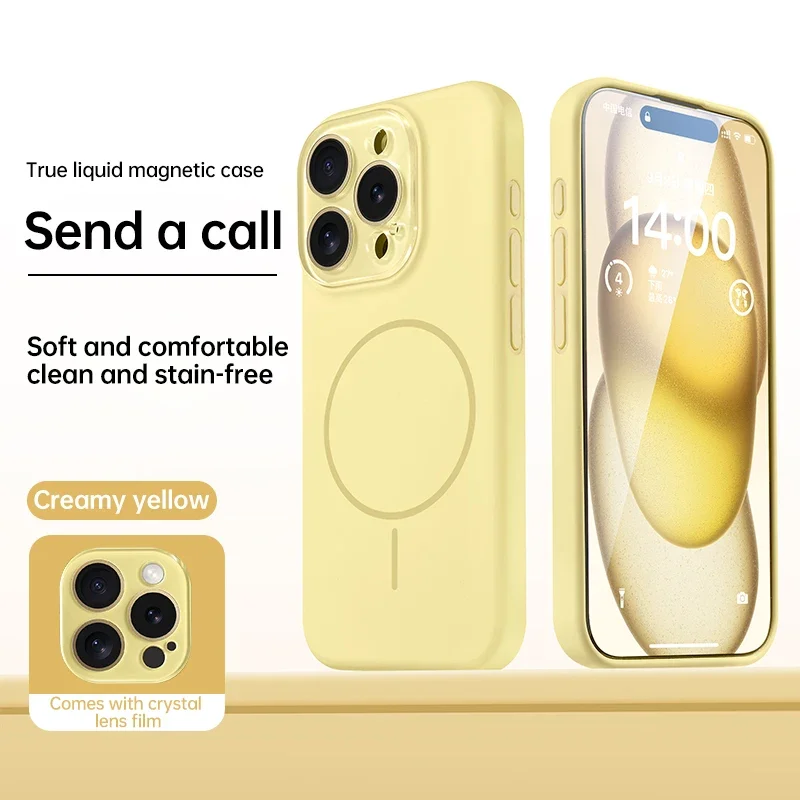 Capa De Celular Em Silicone Líquido Magnético (amarela) Para Iphone 14 Pro, Com Proteção Para Lente.