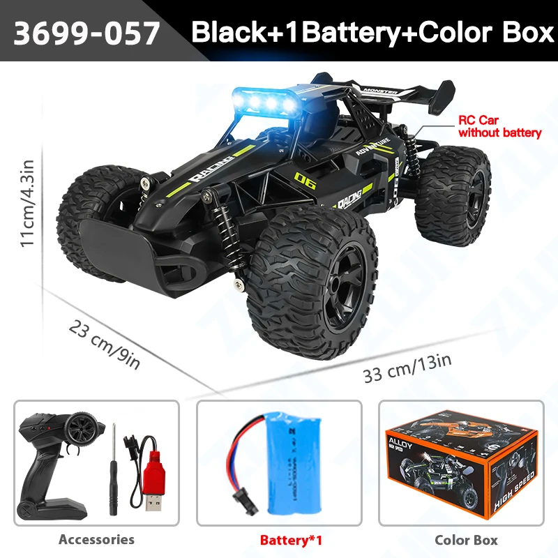 (preto) Carro De Controle Remoto Off-road De Alta Velocidade 2.4g Em Liga Metálica Com Luzes Led, Brinquedo Para Crianças